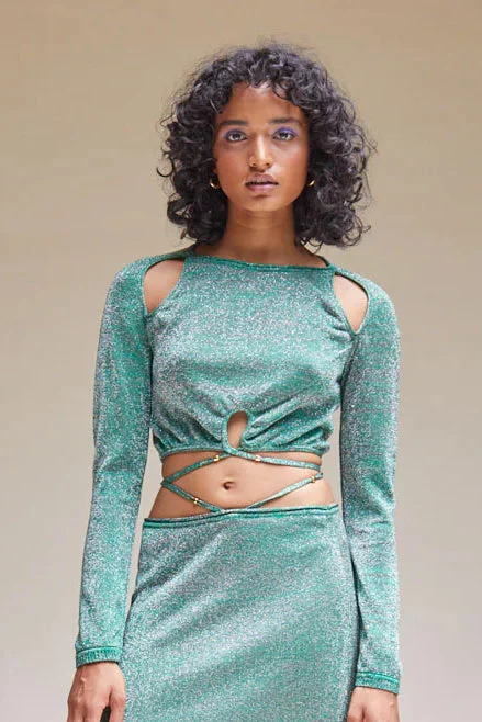 Suboo Aylish Long Sleeve Crop Top - Green Metallic