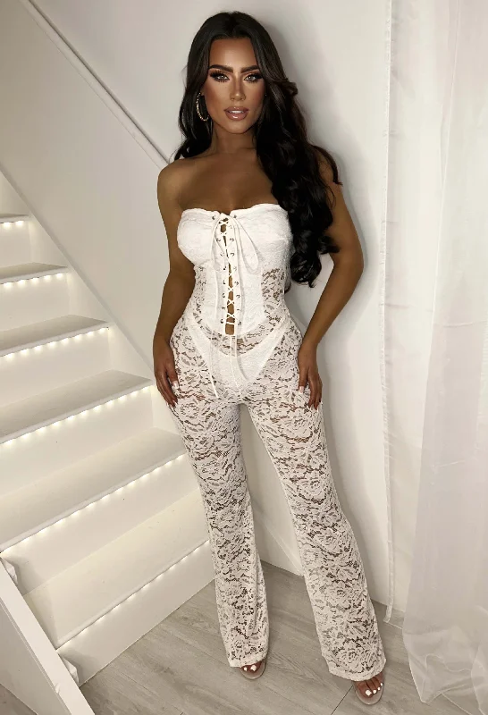 Laced Luxe White Laced Up Lace Jumpsuit