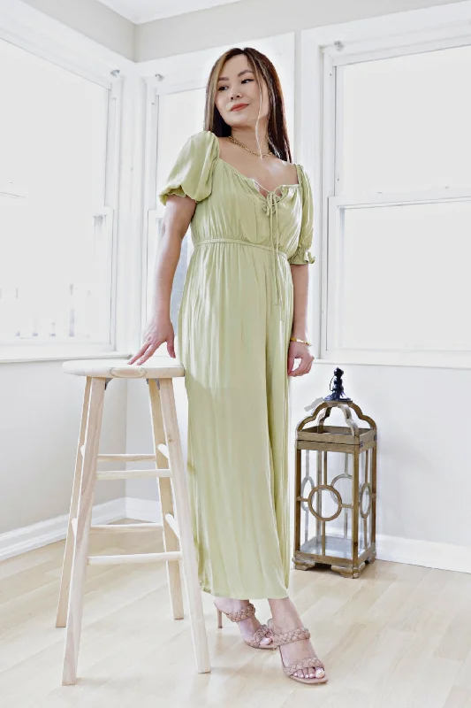 Petite Square Neck Short Sleeve Wide Leg Gauze Jumpsuit (Aloe)