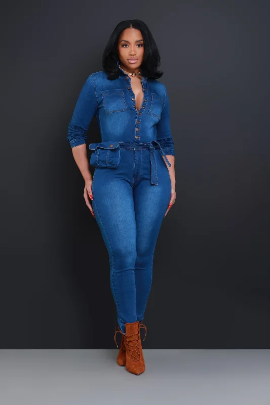 Rehab Full Denim Jumpsuit - Mid Wash